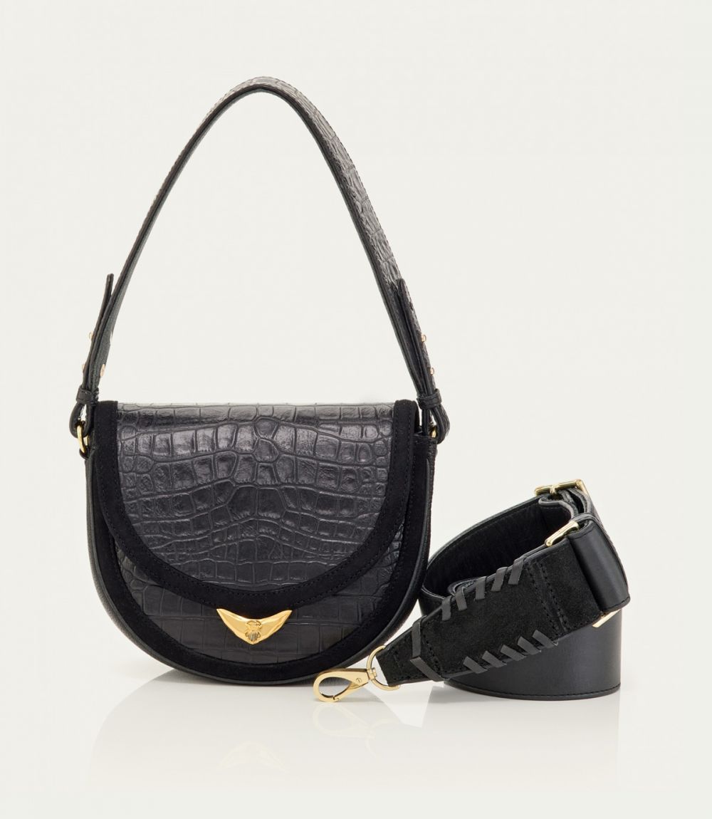 Sac Victoria Cuir Embossé Croco Noir