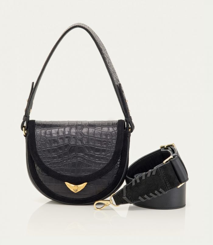 Sac Victoria Cuir Embossé Croco Noir